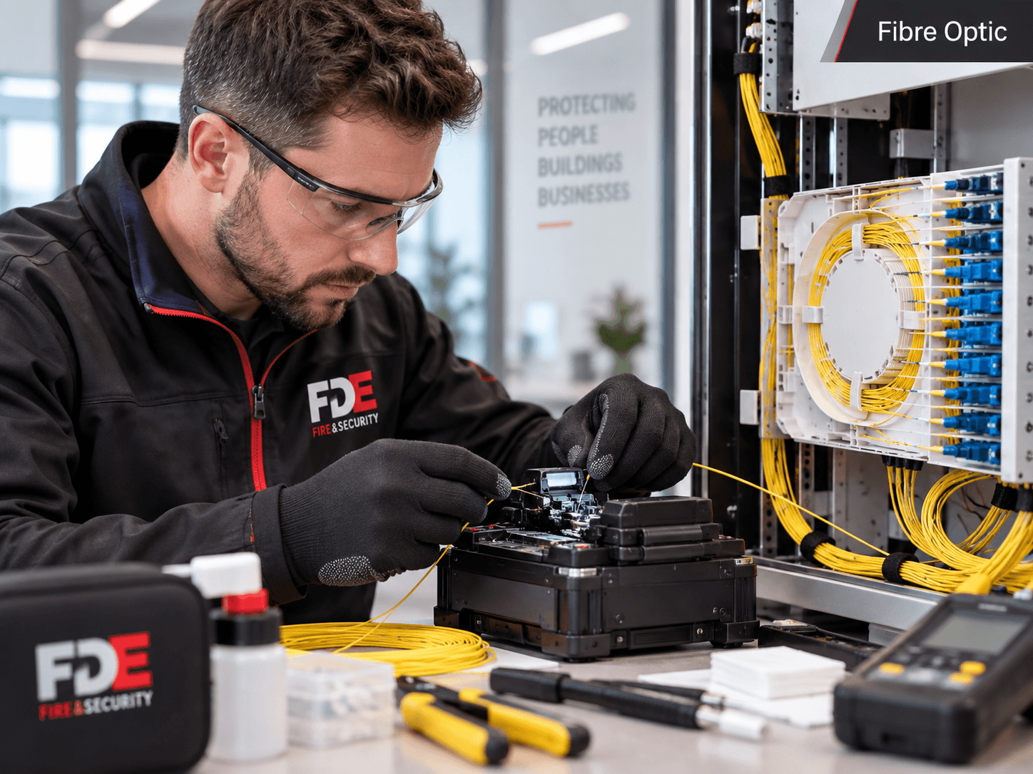 FDE engineer carrying out fibre optic cabling and termination work