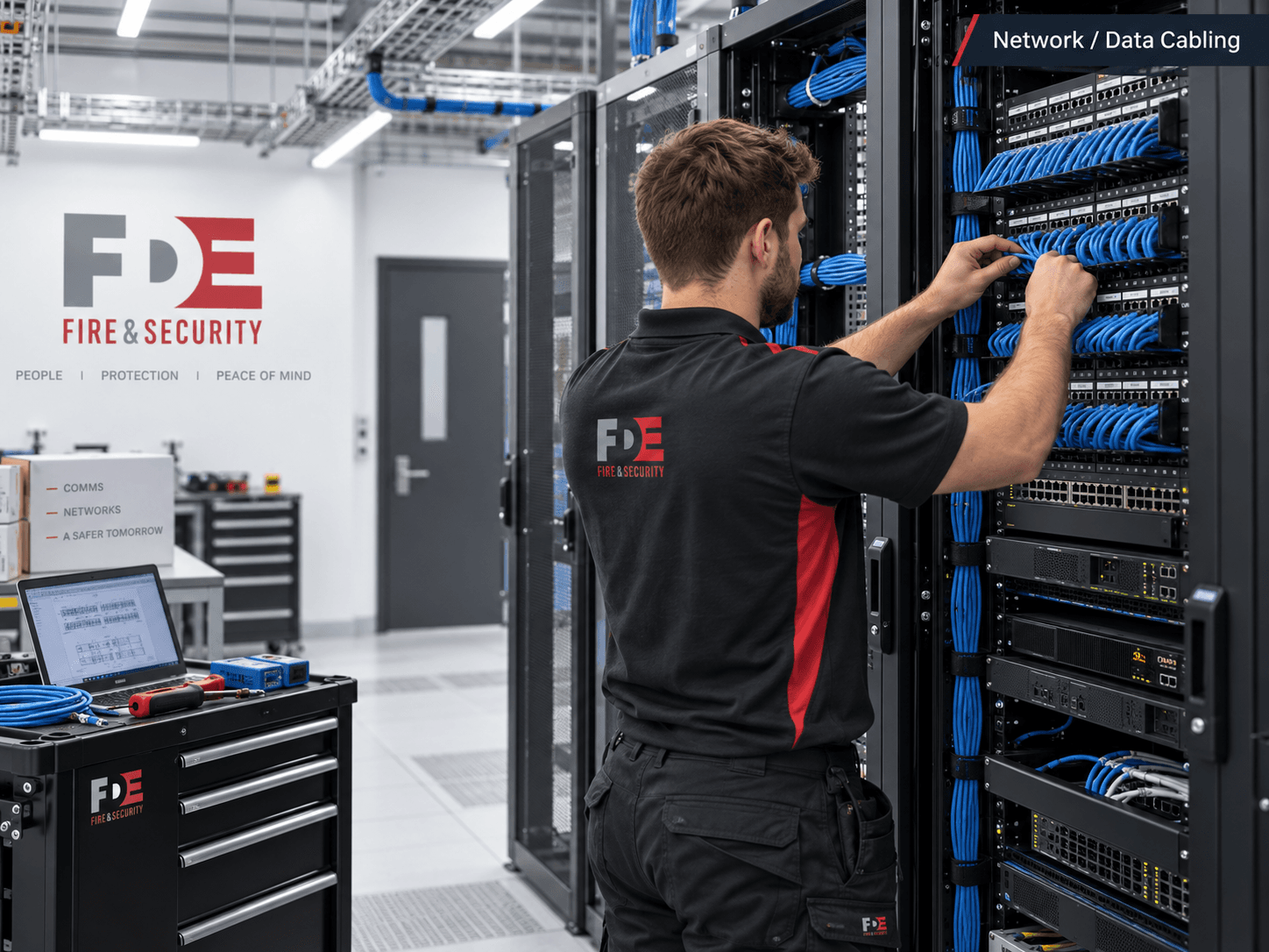 FDE engineer installing structured network and data cabling in a communications rack