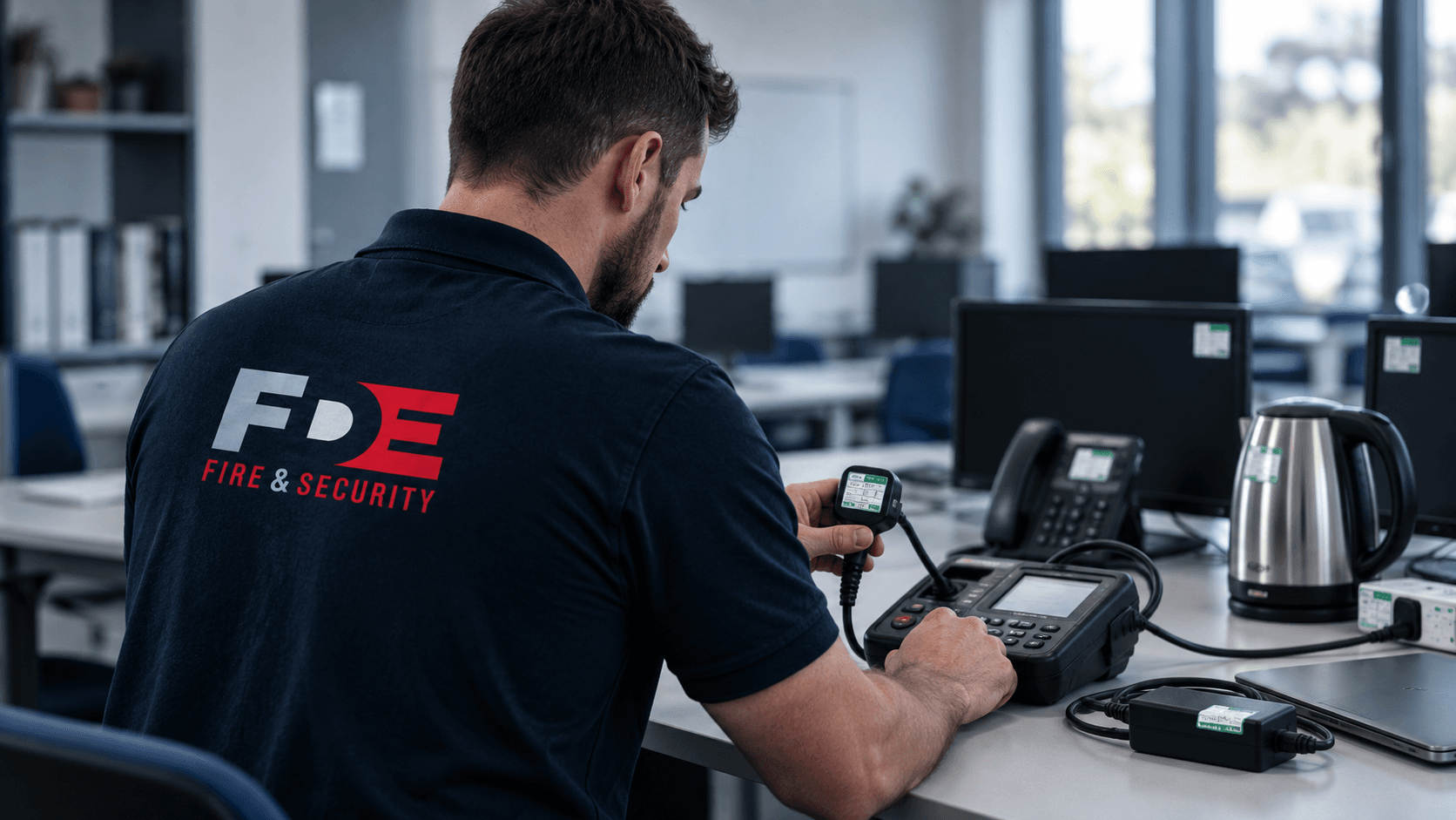 FDE engineer carrying out portable appliance testing in a commercial setting