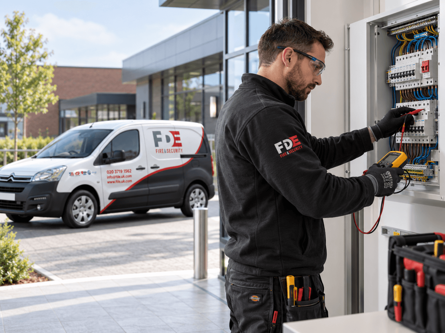 FDE engineer carrying out electrical testing at a commercial distribution board